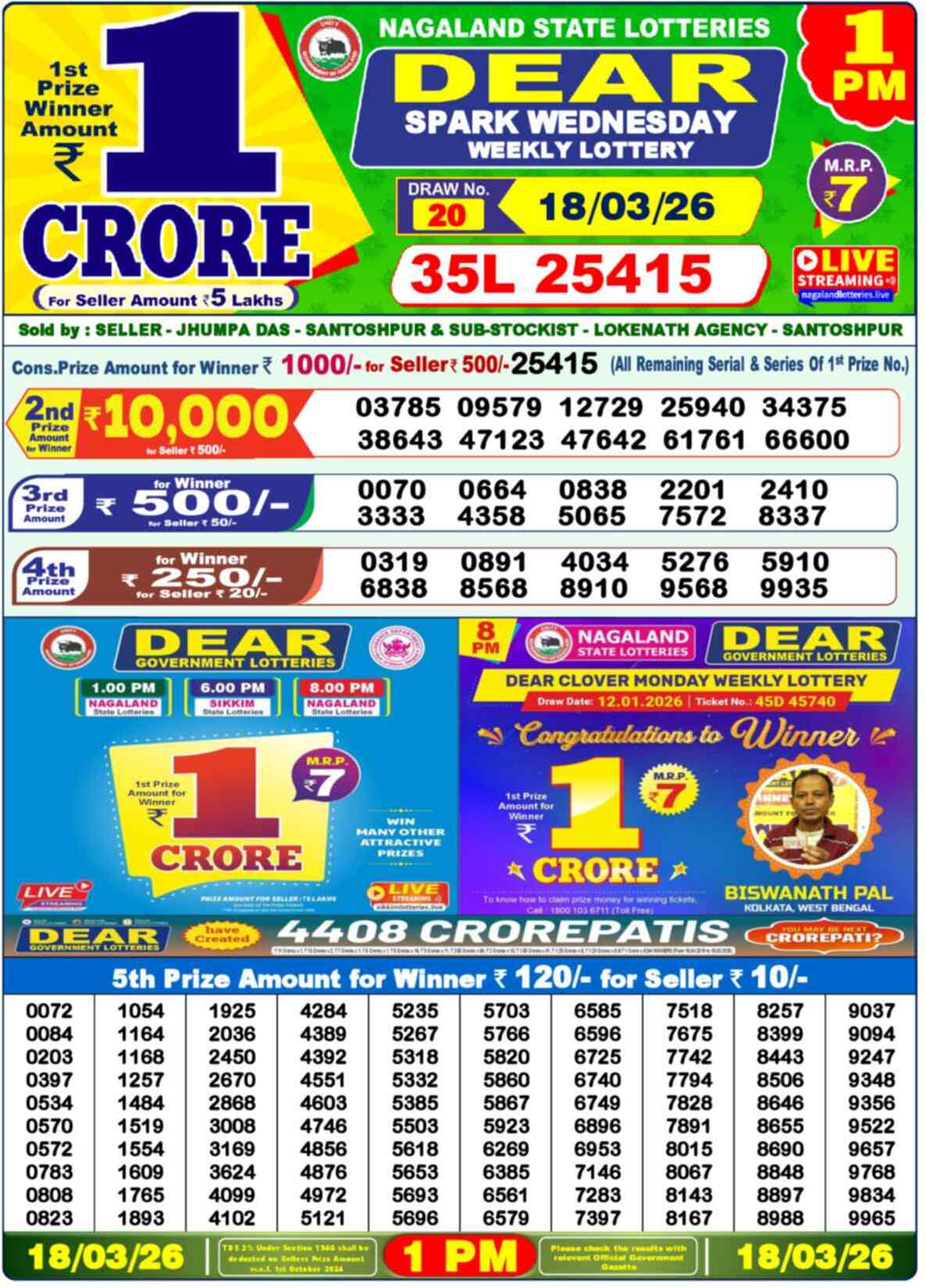 Dear Lottery Result Today 1 PM 18 March 2026