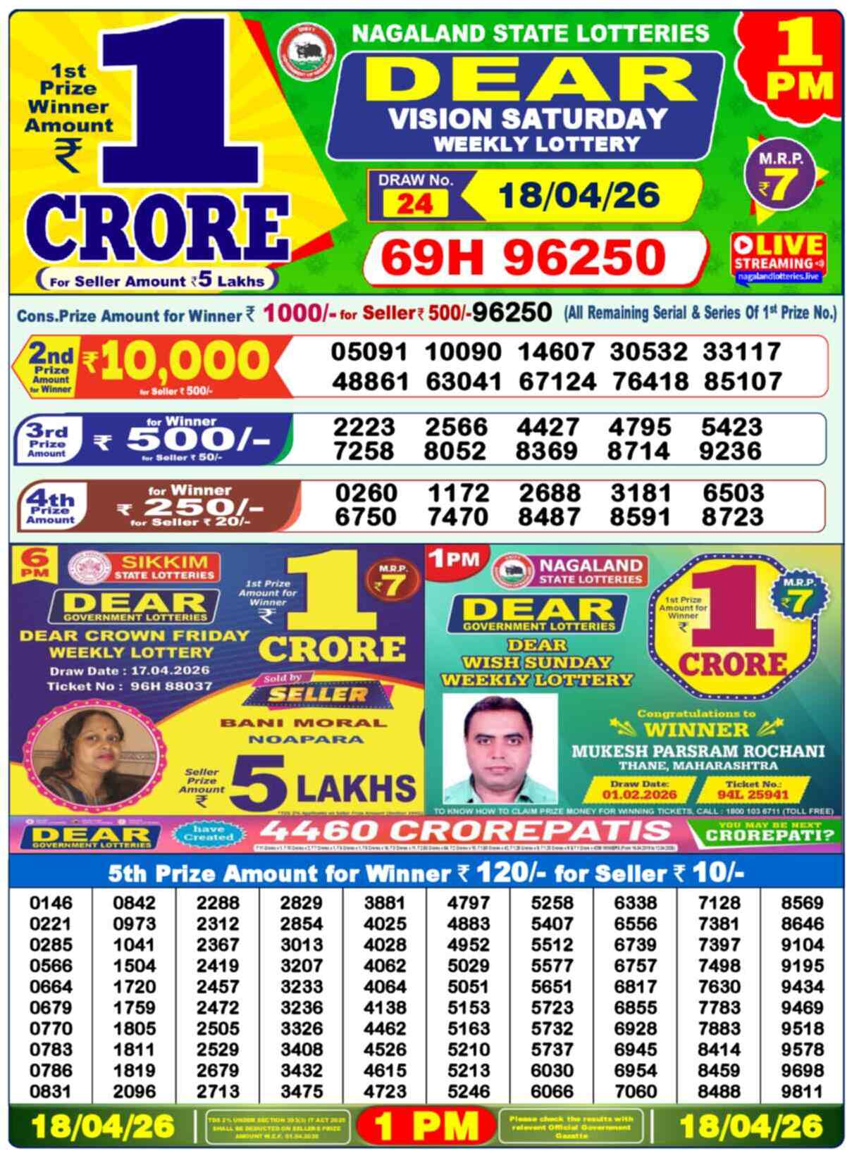 Dear Lottery Result Today 1 PM 18 April 2026