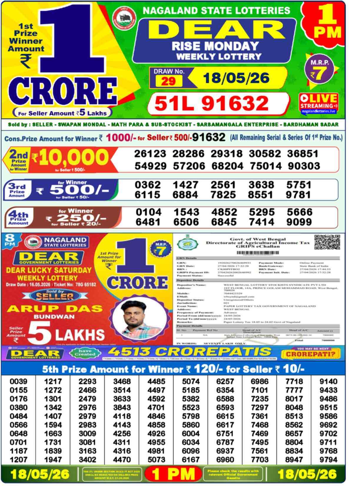 Lottery Sambad 18.05.26 Dear Lottery 1 PM May 18, 2026