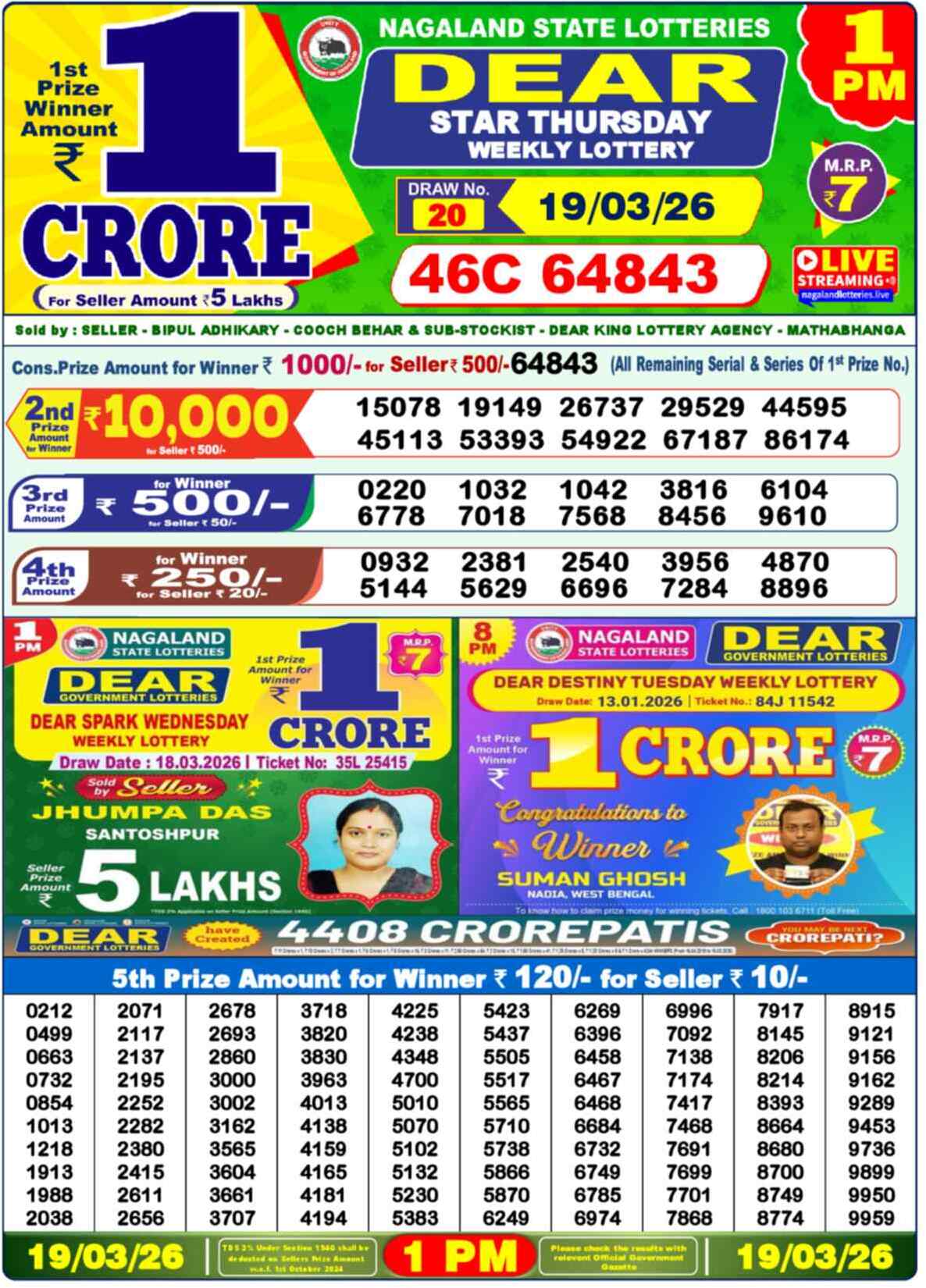 Dear Lottery Result Today 1 PM 19 March 2026