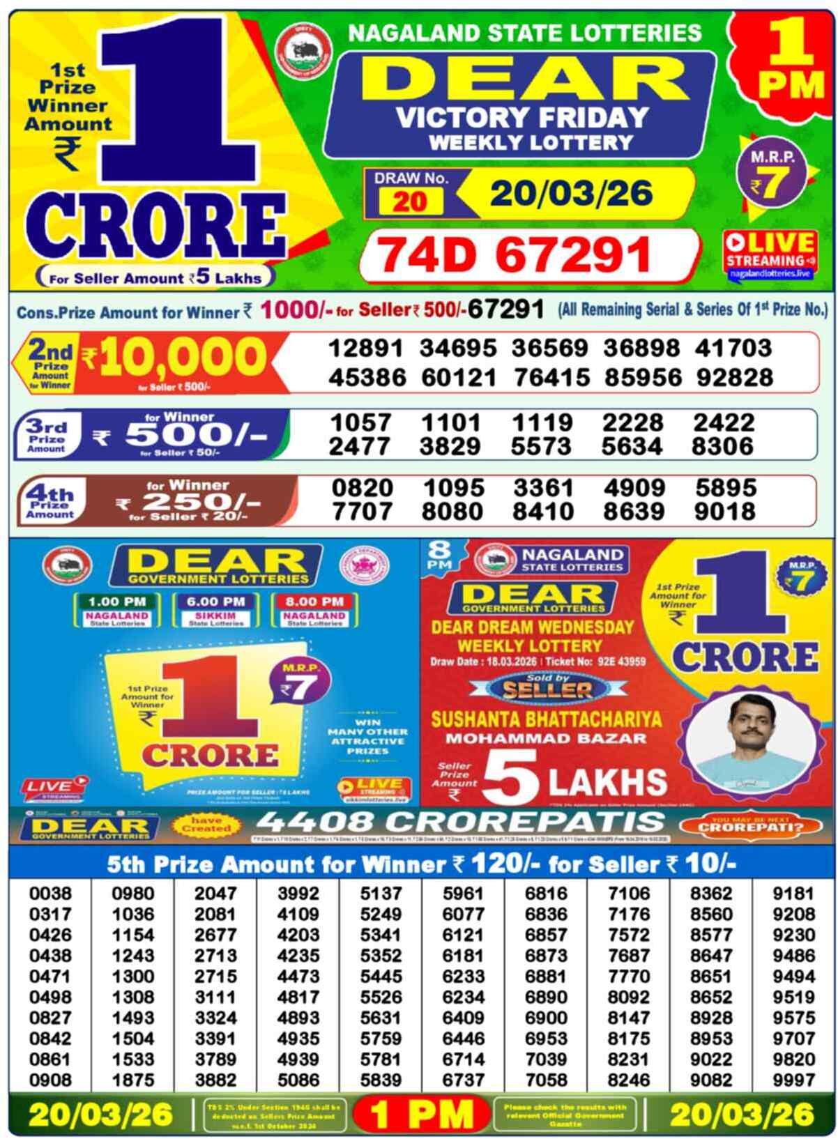 Dear Lottery Result Today 1 PM 20 March 2026