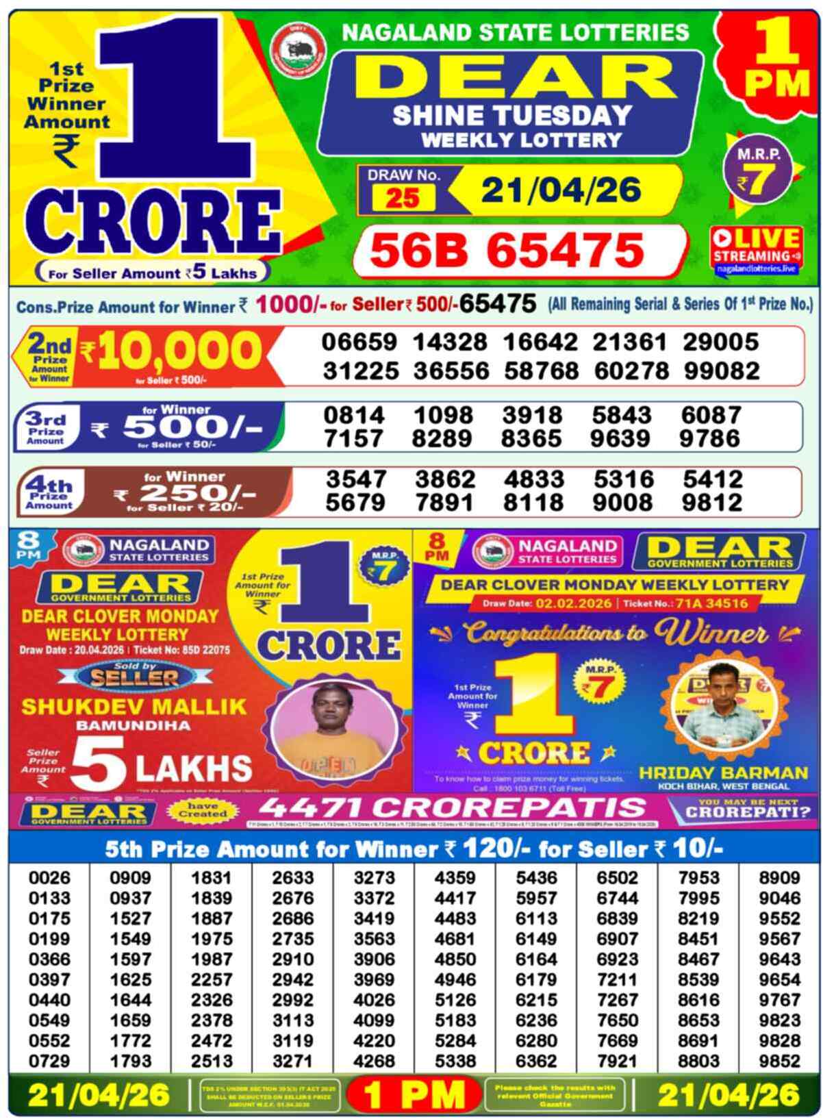 Dear Lottery Result Today 1 PM 21 April 2026