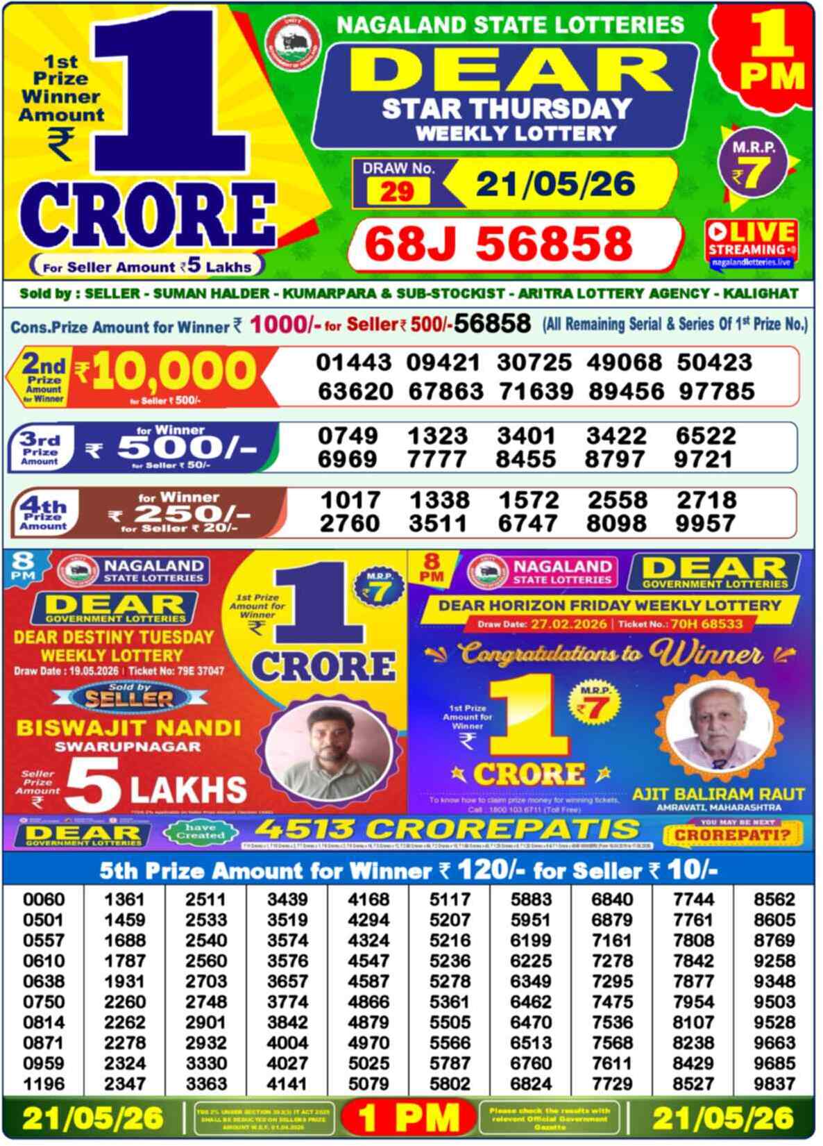 Dear Lottery Result 1 PM 21 May 2026