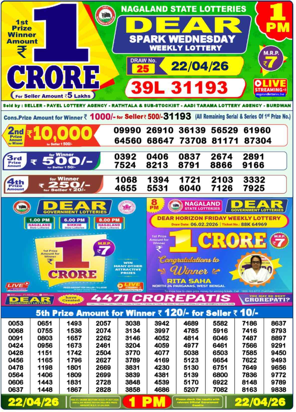 Dear Lottery Result Today 1 PM 22 April 2026