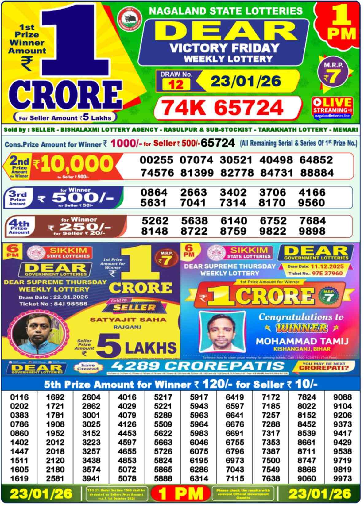 Lottery Sambad 23.01.26 Dear Lottery 1 PM January 23, 2026