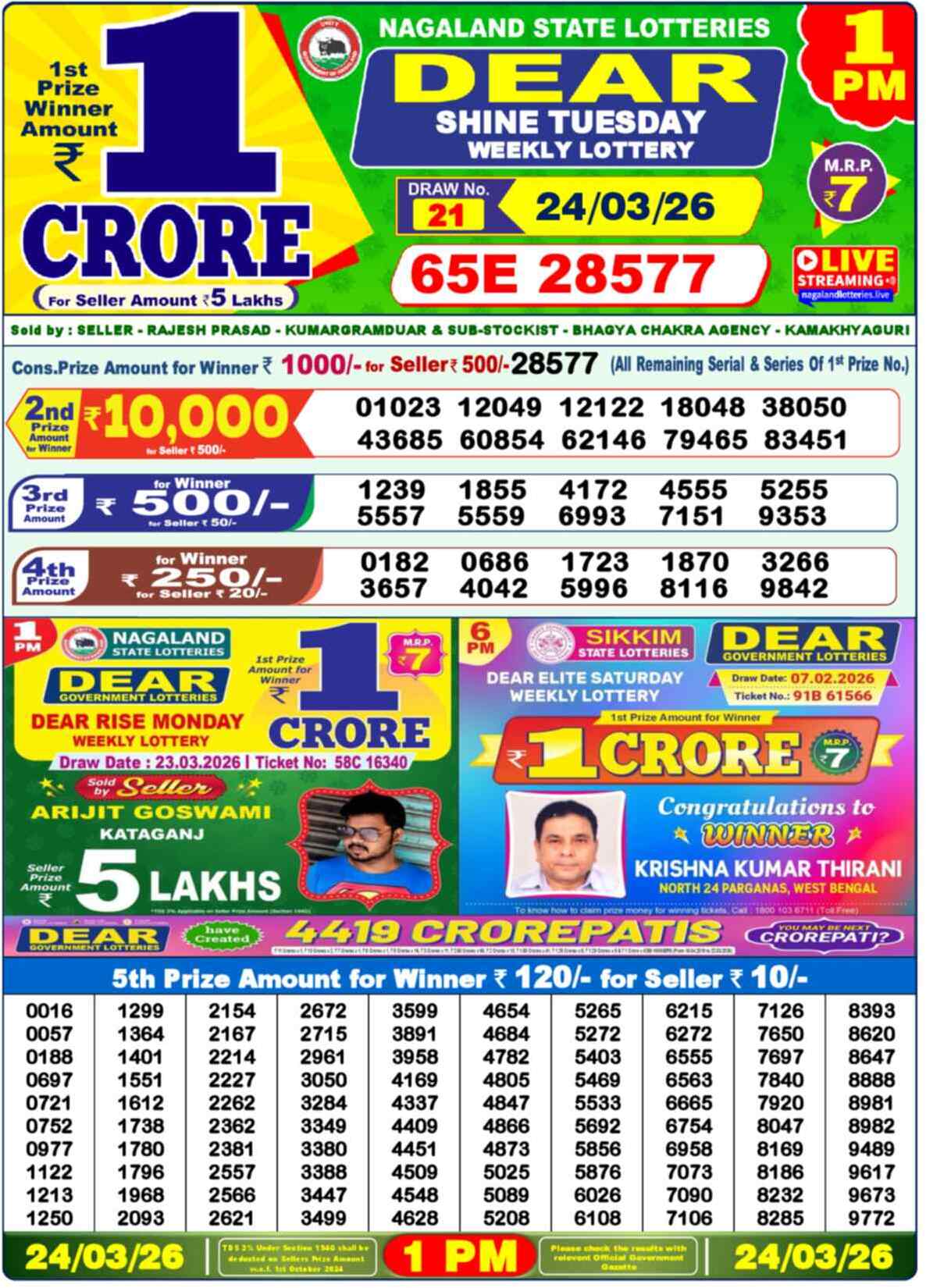 Dear Lottery Result Today 1 PM 24 March 2026