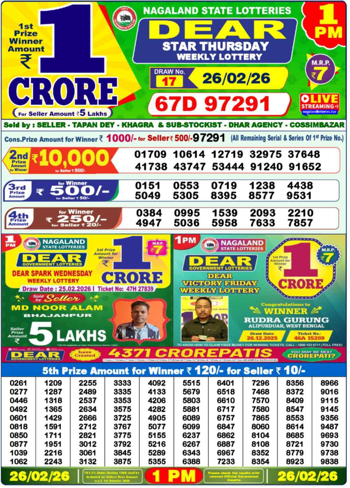 Dear Lottery Result Today 1 PM 27 February 2026