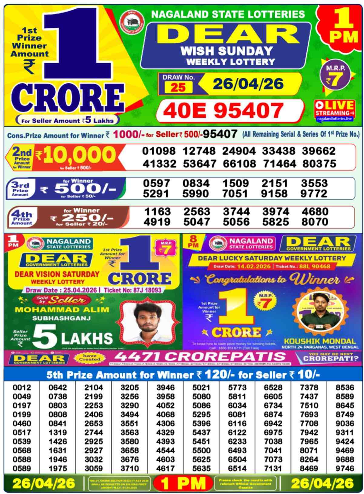 Dear Lottery Result Today 1 PM 26 April 2026