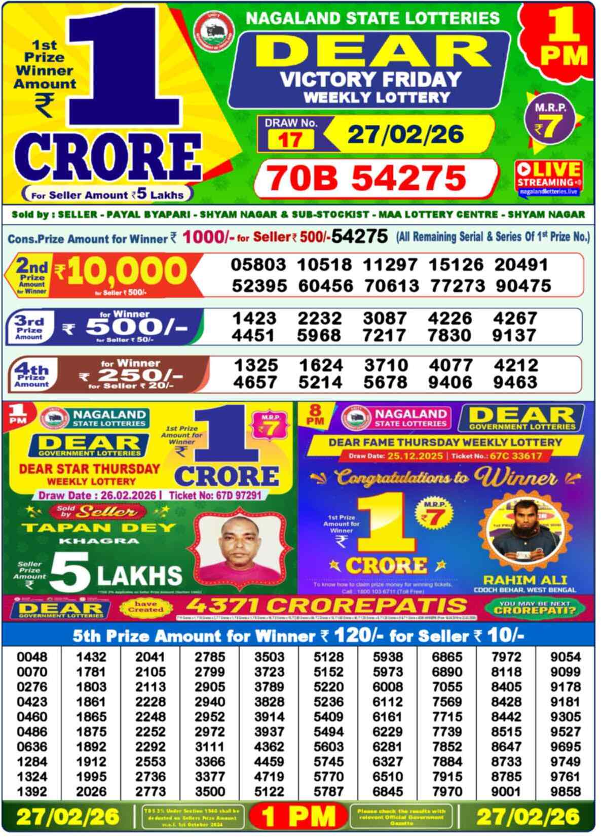 Dear Lottery Result Today 1 PM 28 February 2026