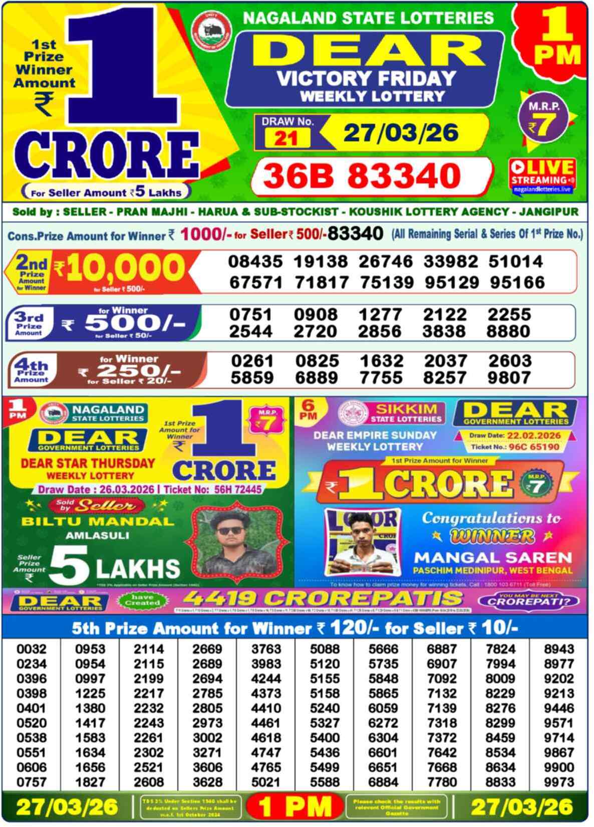 Yesterday Dear Lottery Sambad Result 1:00 PM 27 March 2026