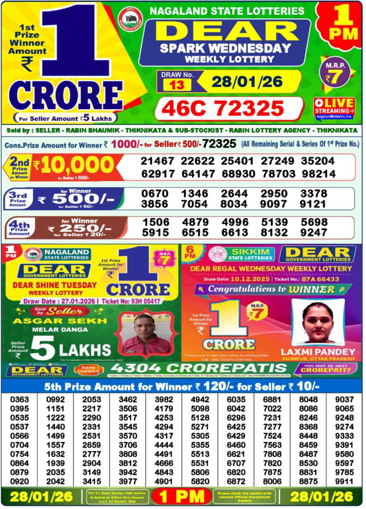 Dear Lottery Yesterday Sambad Result 1:00 PM 28 January 2026