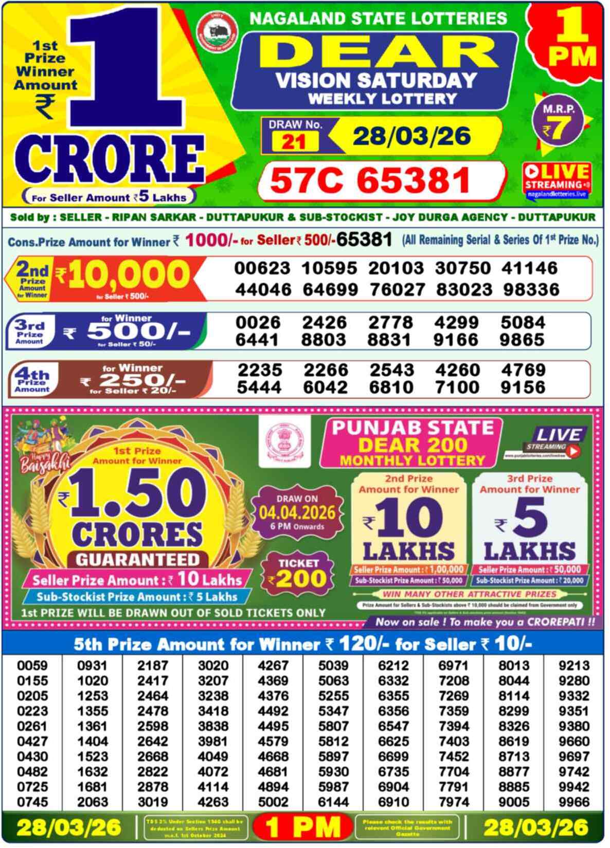 Dear Lottery Result Today 1 PM 28 March 2026