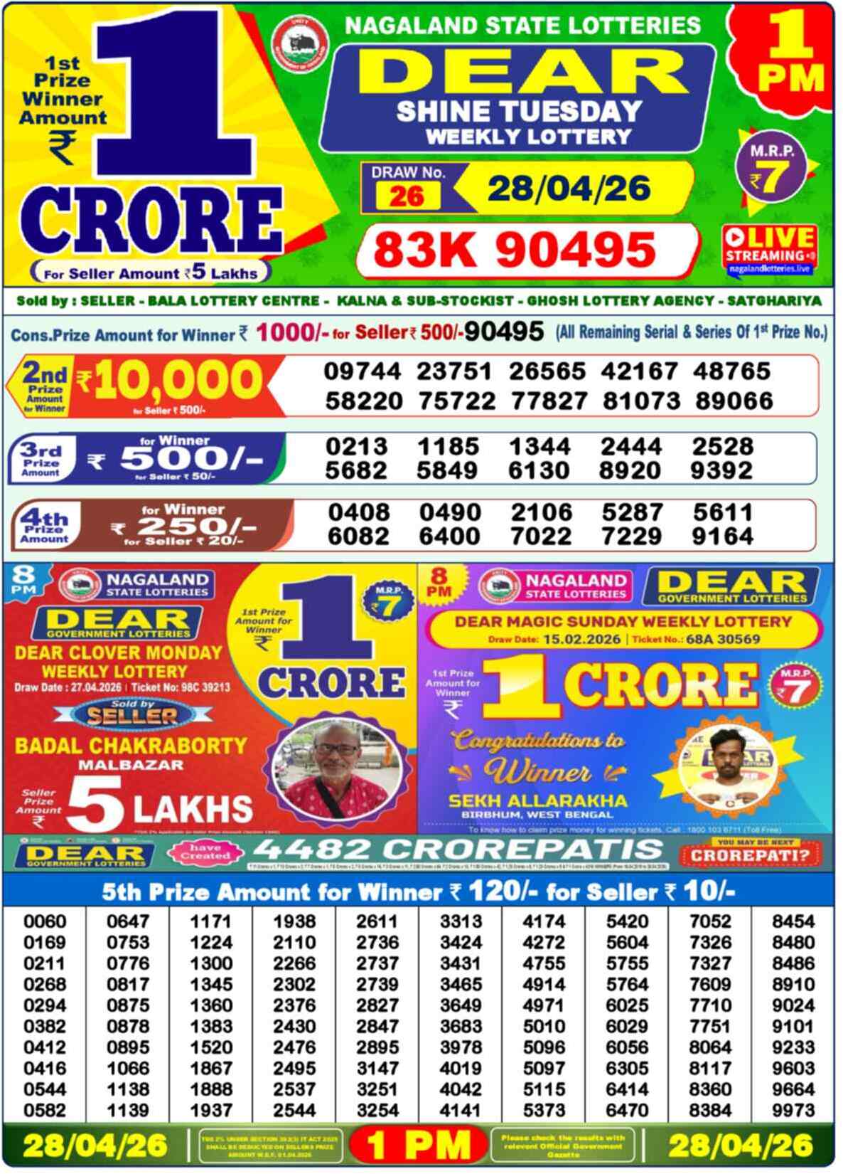 Dear Lottery Result Today 1 PM 28 April 2026