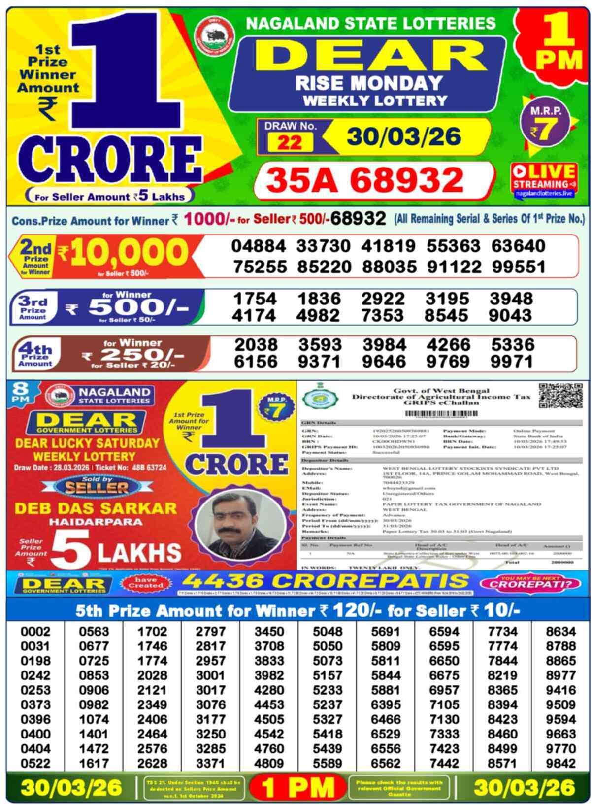 Dear Lottery Result Today 1 PM 31 March 2026