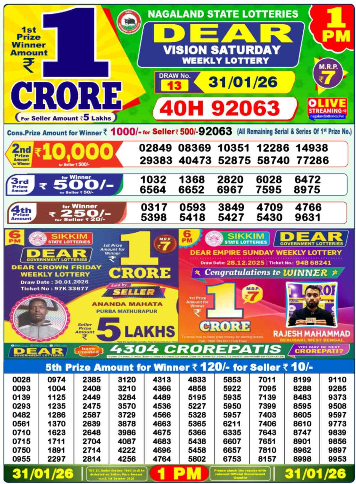 Dear Lottery Yesterday Sambad Result 1:00 PM 31 January 2026