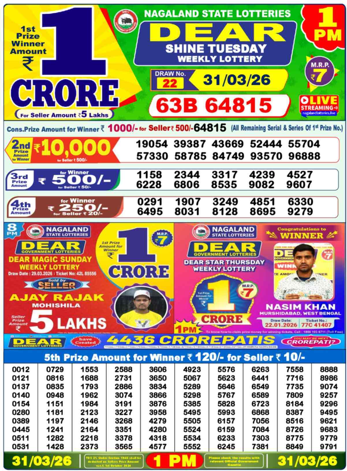 Dear Lottery Result Today 1 PM 31 March 2026