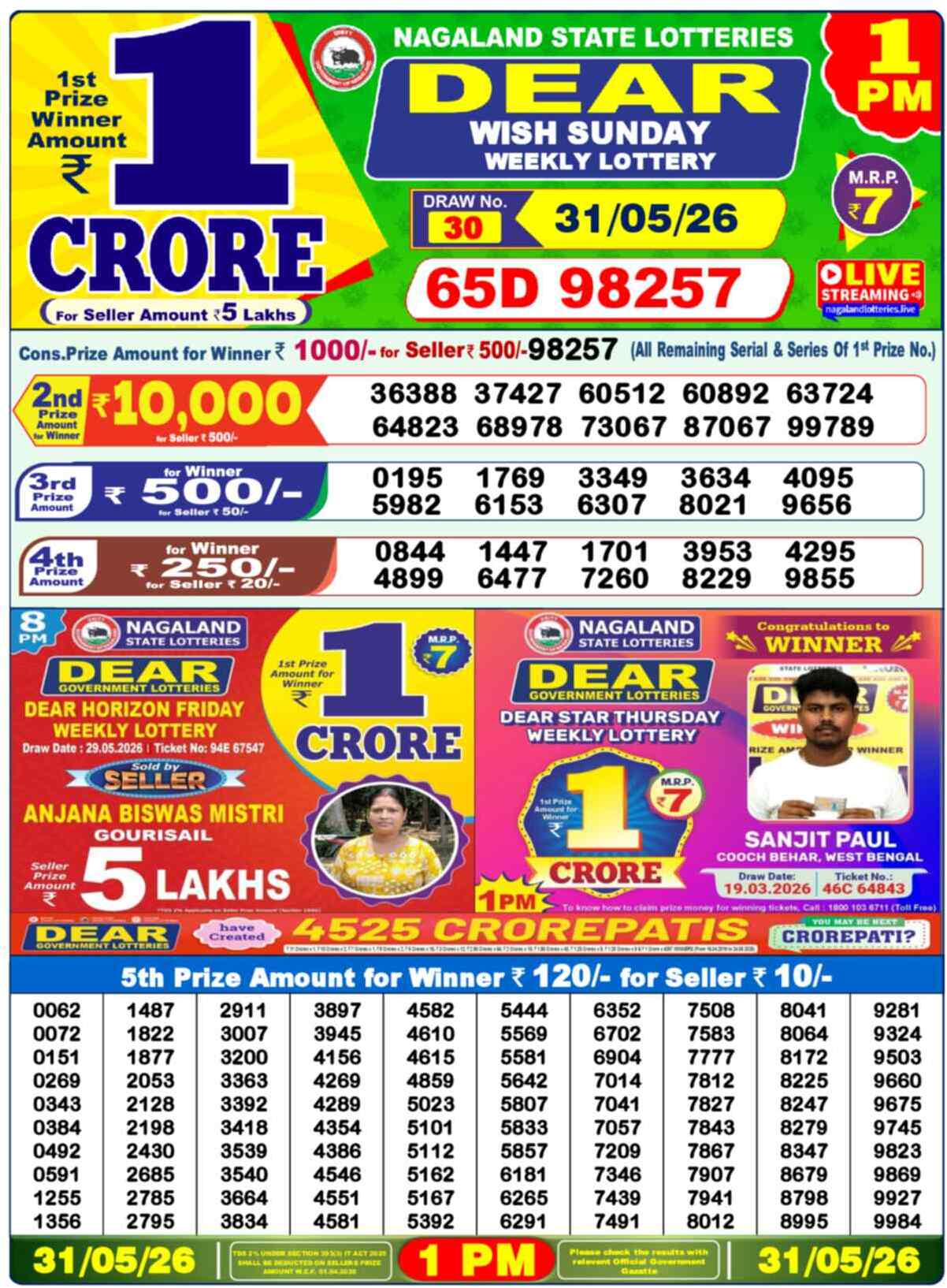 Dear Lottery Result 1 PM 31 May 2026