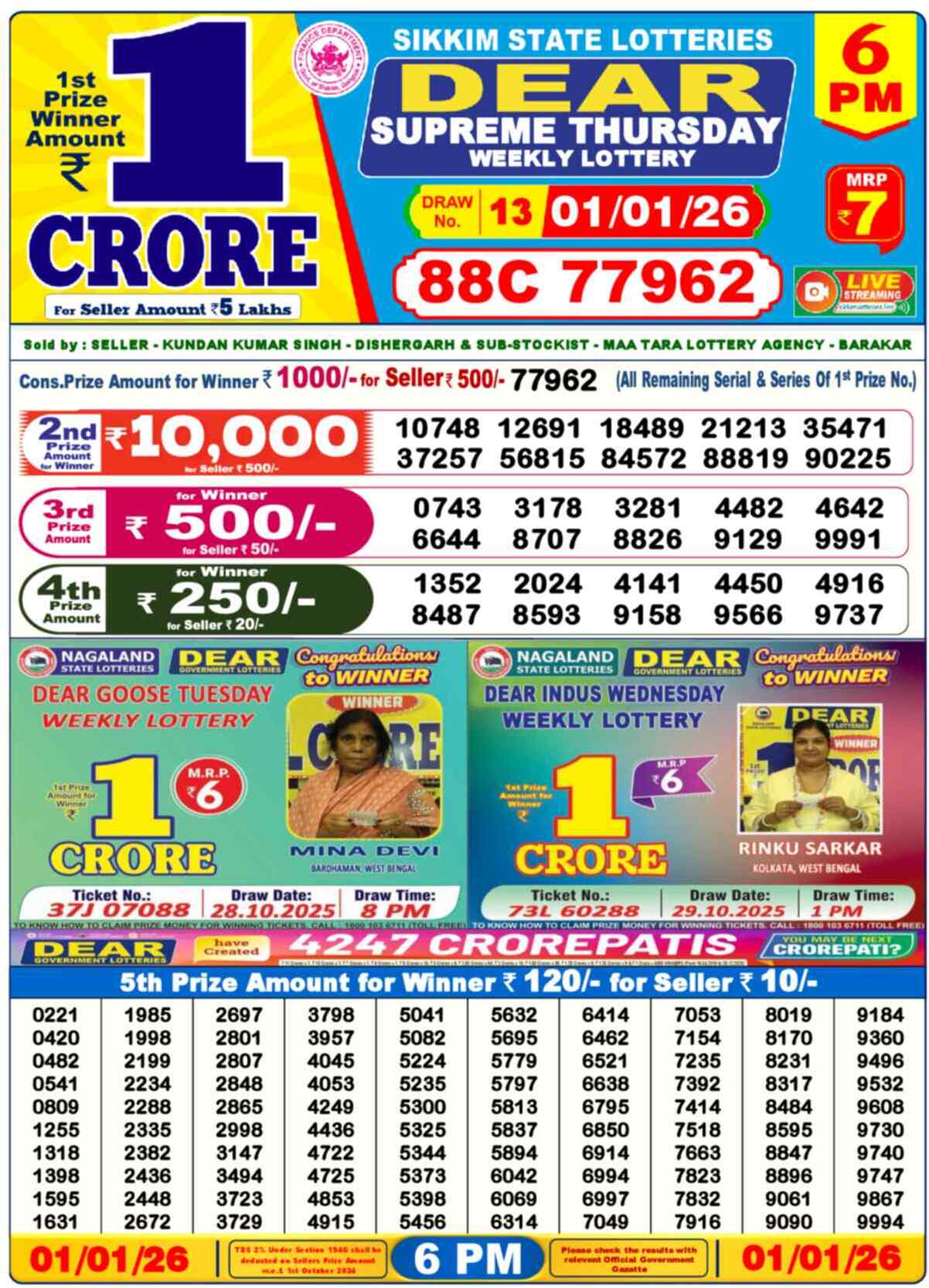 Lottery Sambad 01.01.26 Dear Lottery 6 PM January 01, 2026