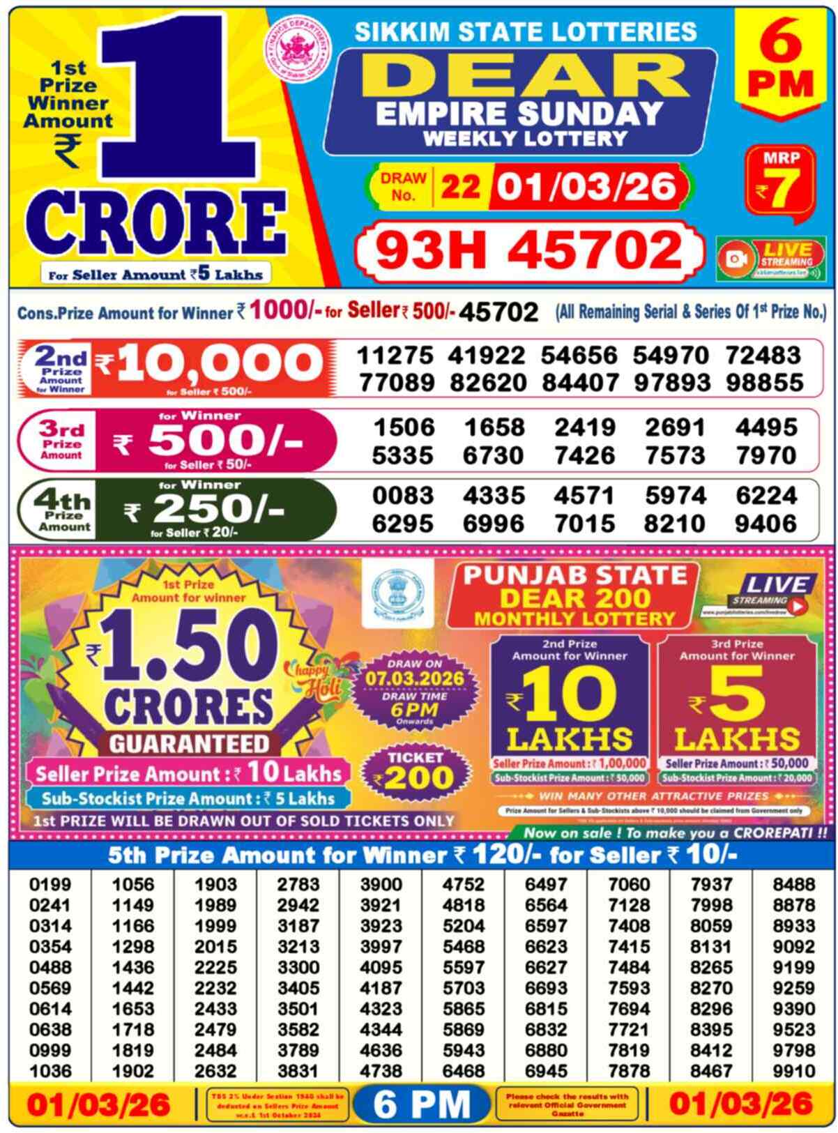 Dear Lottery Result Today 6 PM 02 March 2026