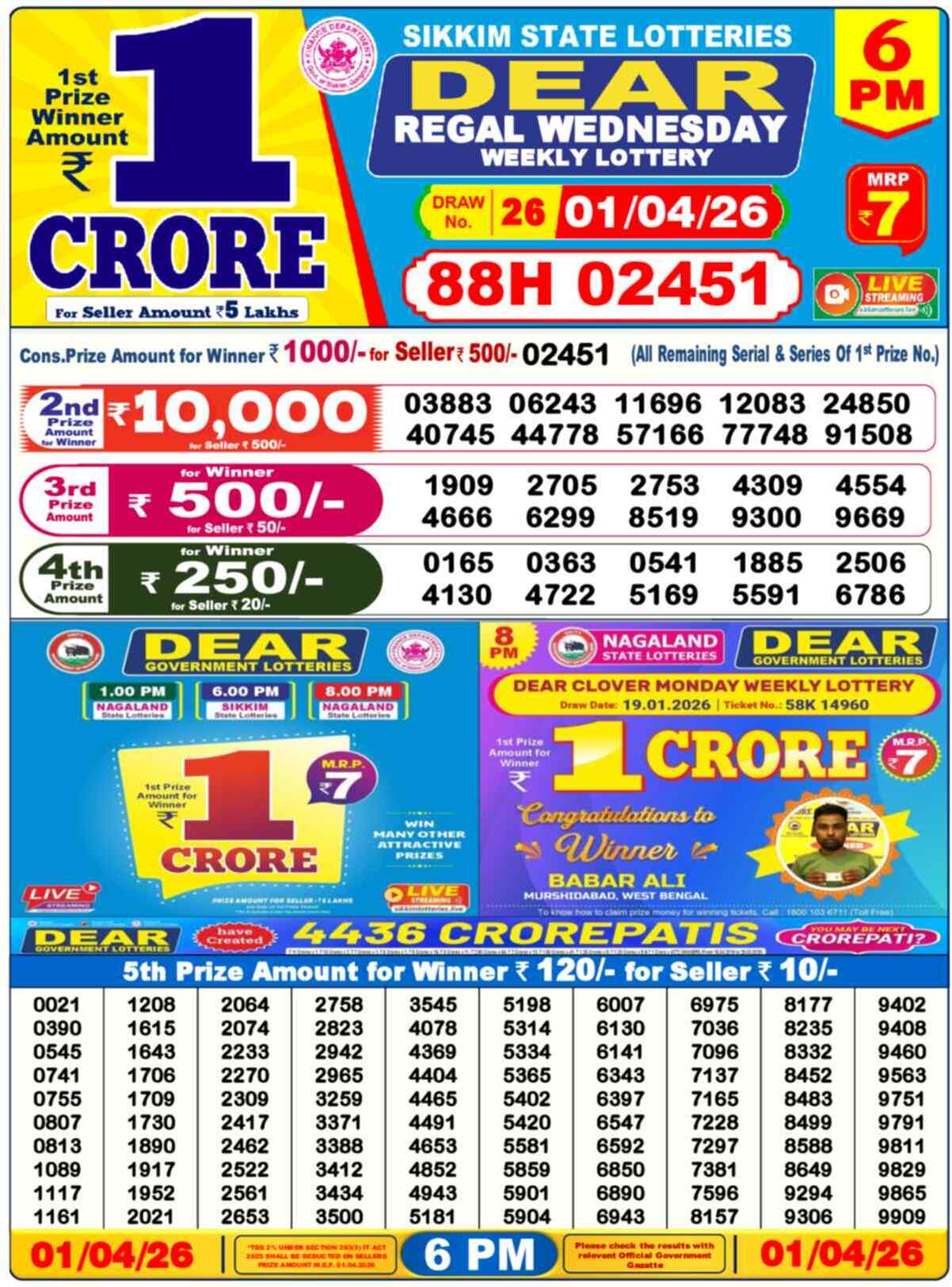 Dear Lottery Result Today 6 PM 01 April 2026