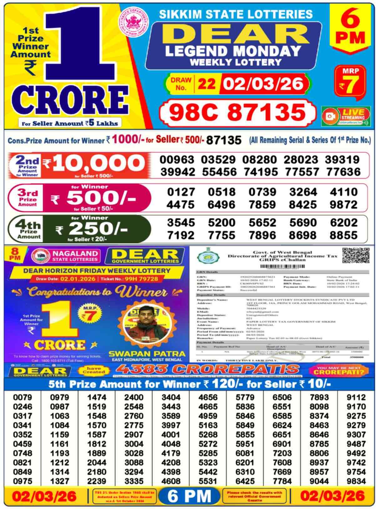 Dear Lottery Result Today 6 PM 03 March 2026