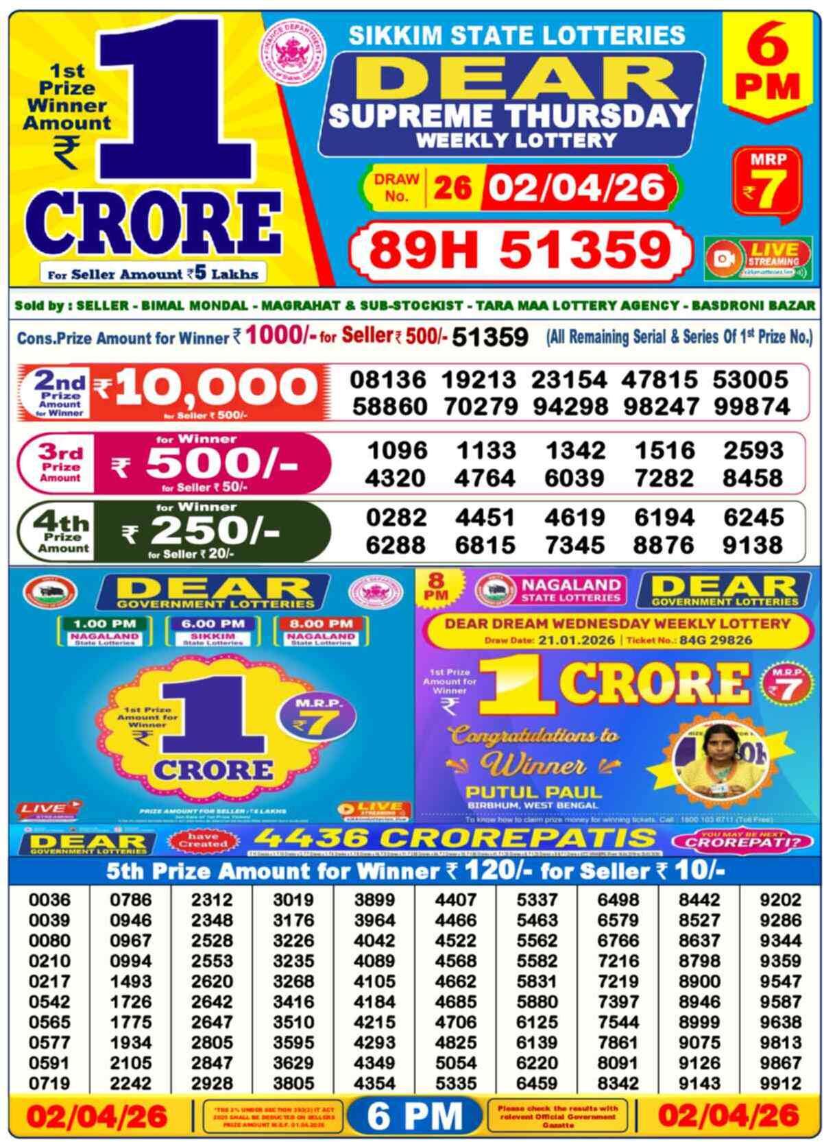 Dear Lottery Result Today 6 PM 03 April 2026