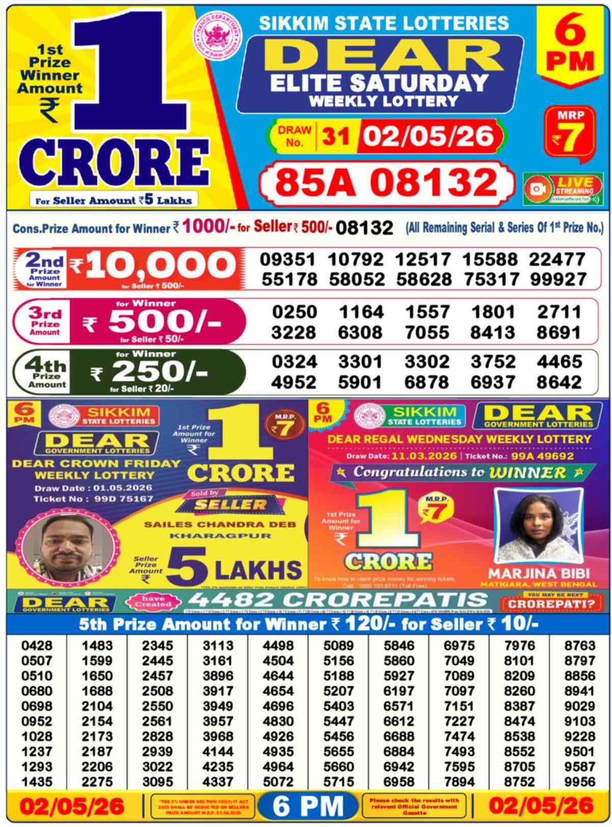 Dear Lottery Result Today 6 PM 03 May 2026