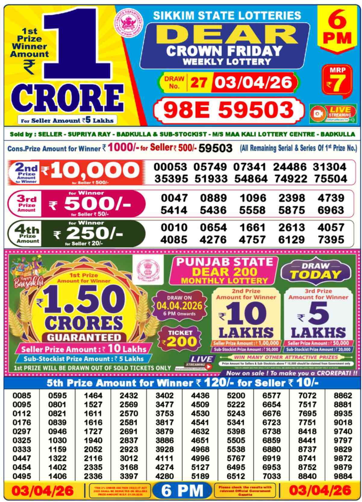 Dear Lottery Result Today 6 PM 04 April 2026