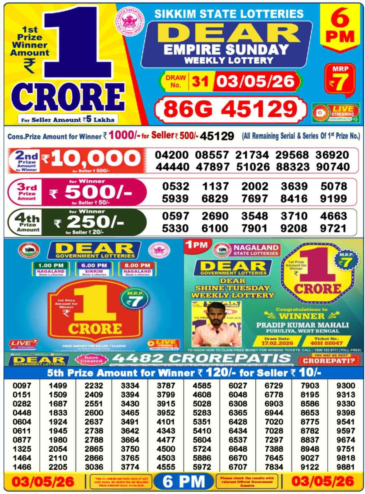 Lottery Sambad 03.05.26 Dear Lottery 6 PM May 03, 2026