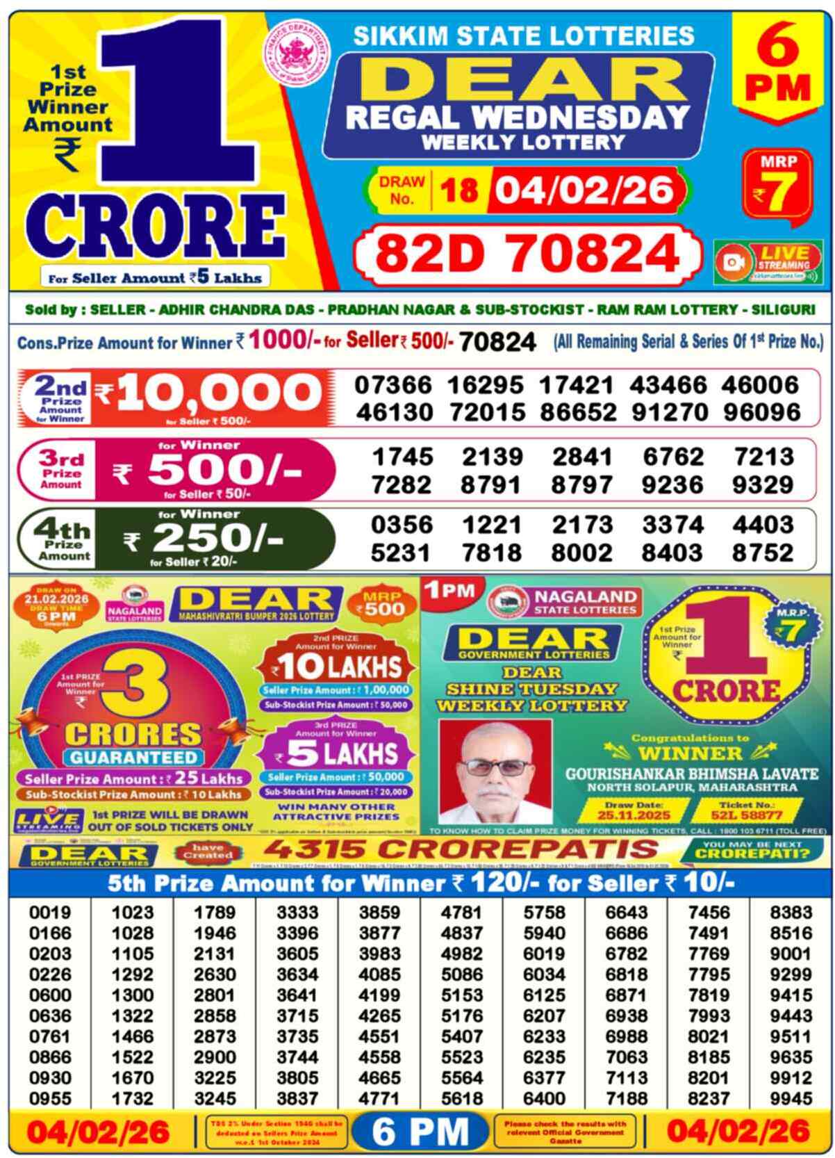 Dear Lottery Result Today 6 PM 05 February 2026