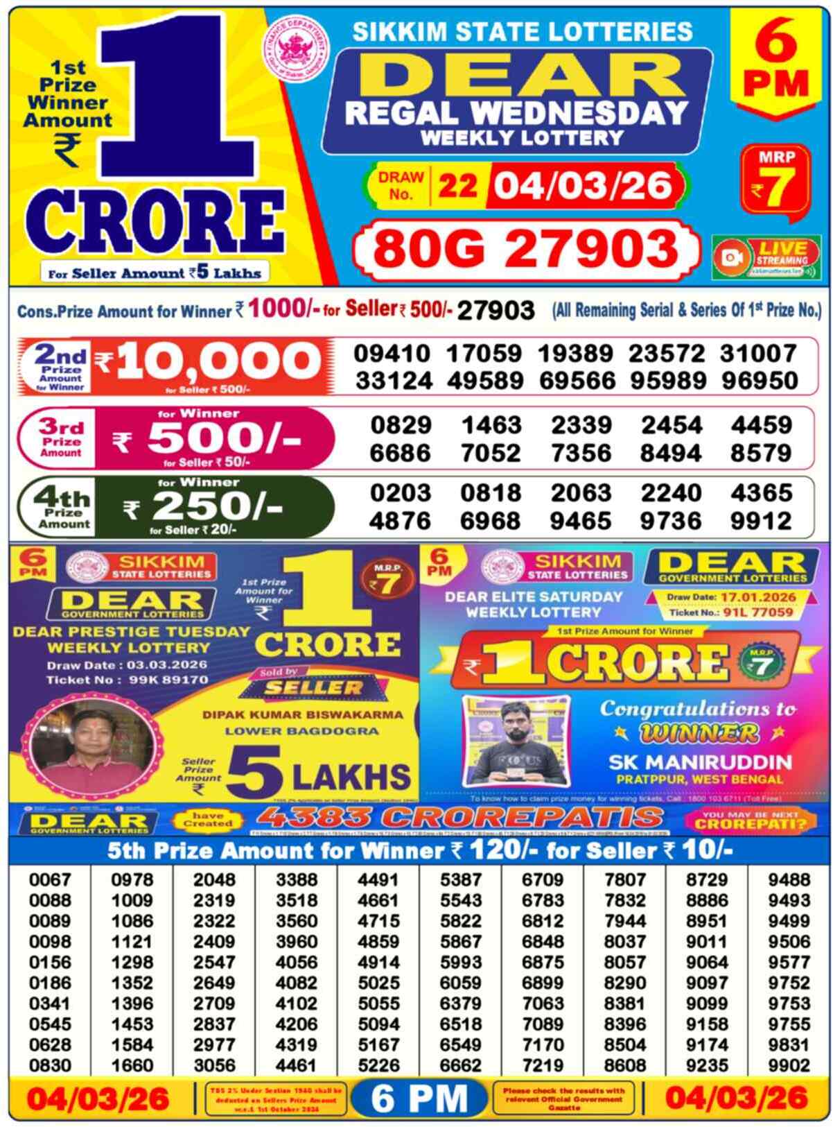 Dear Lottery Result Today 6 PM 05 March 2026