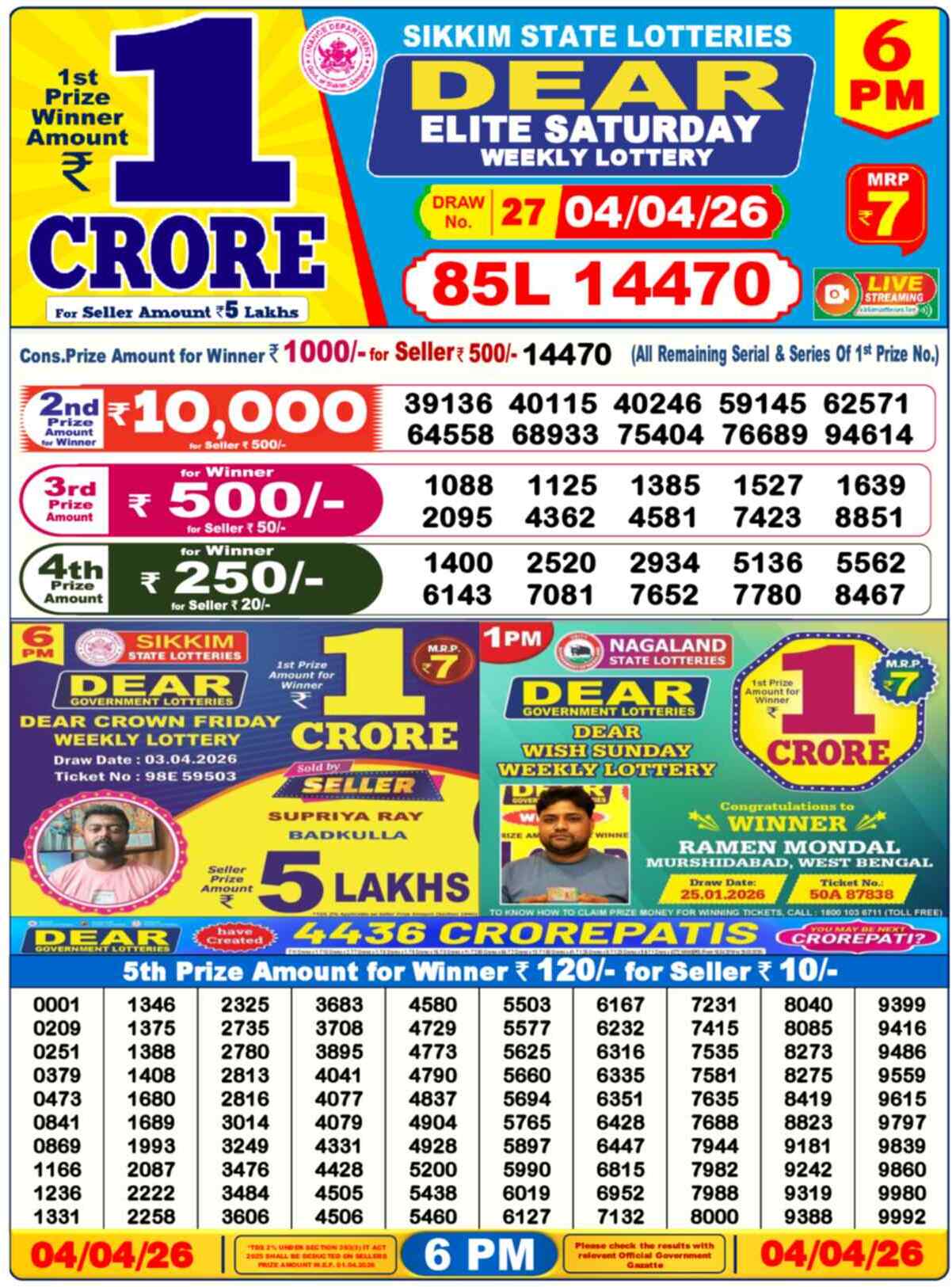 Dear Lottery Result Today 6 PM 05 April 2026