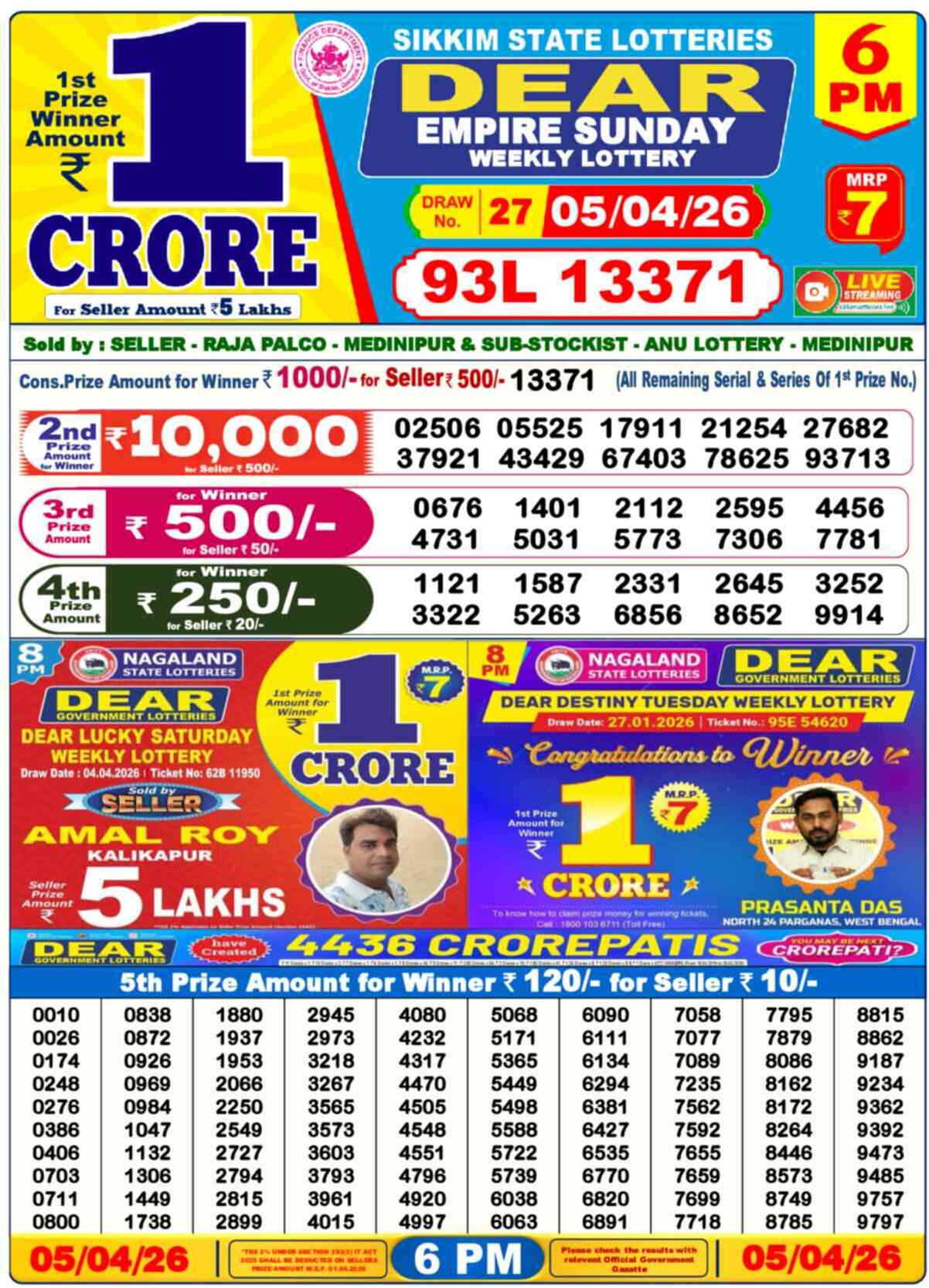 Dear Lottery Result Today 6 PM 06 April 2026