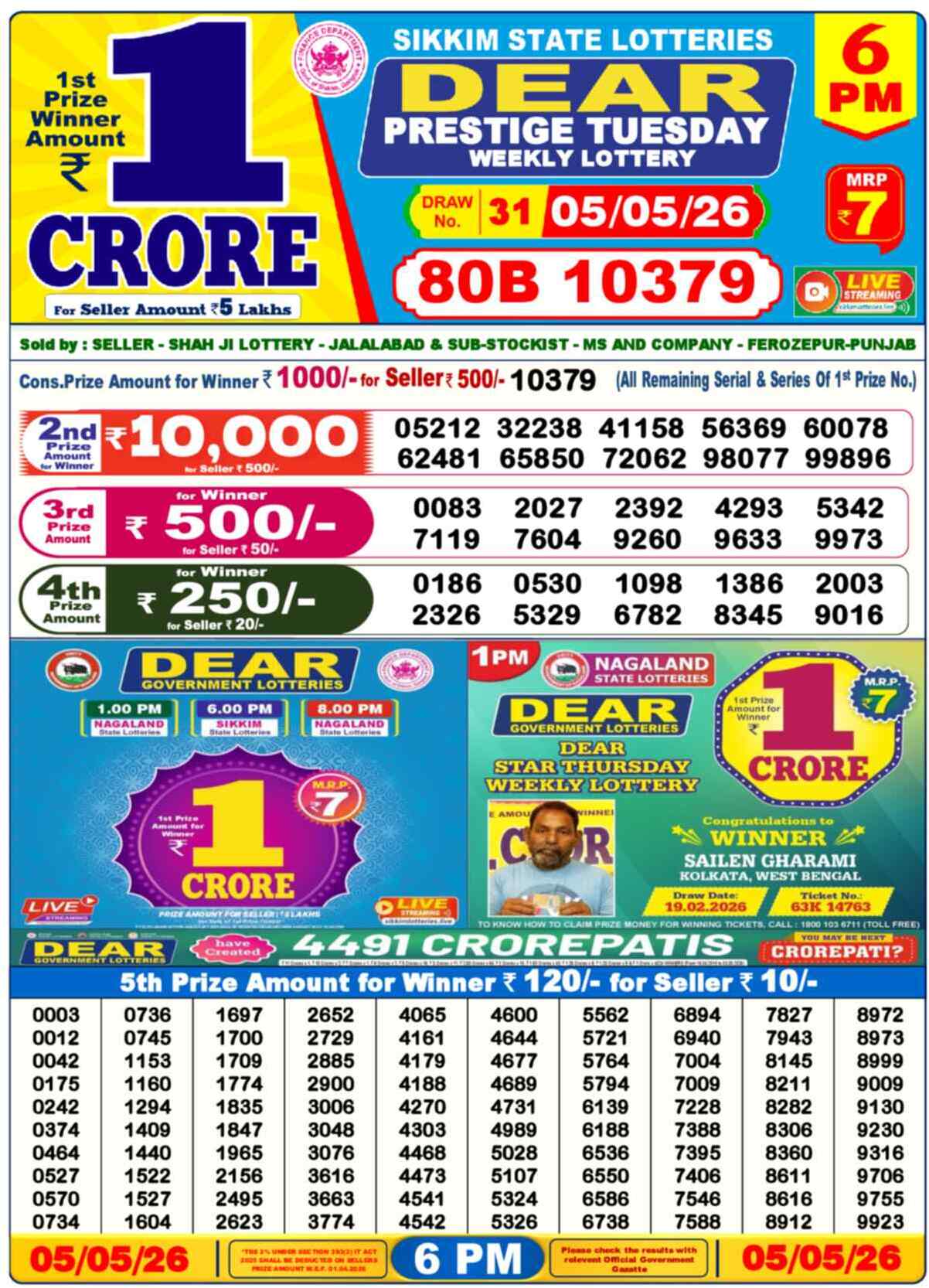 Lottery Sambad 05.05.26 Dear Lottery 6 PM May 05, 2026