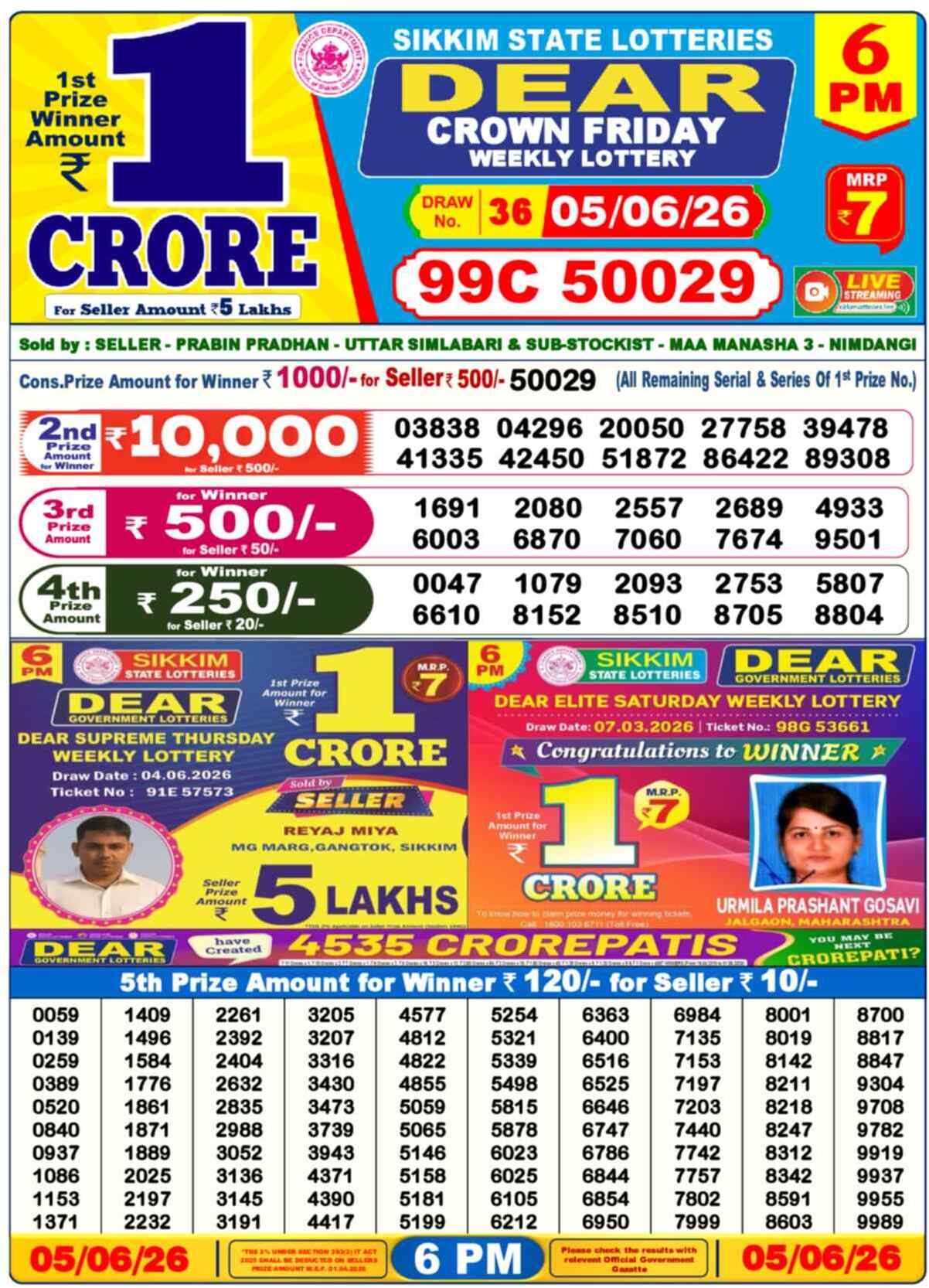 Dear Lottery Result 6:00 PM 2026-06-05