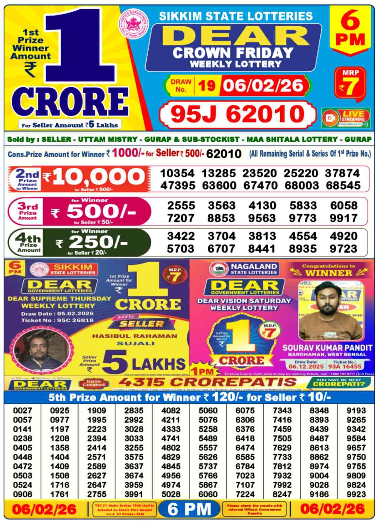 Dear Lottery Result Today 6 PM 07 February 2026