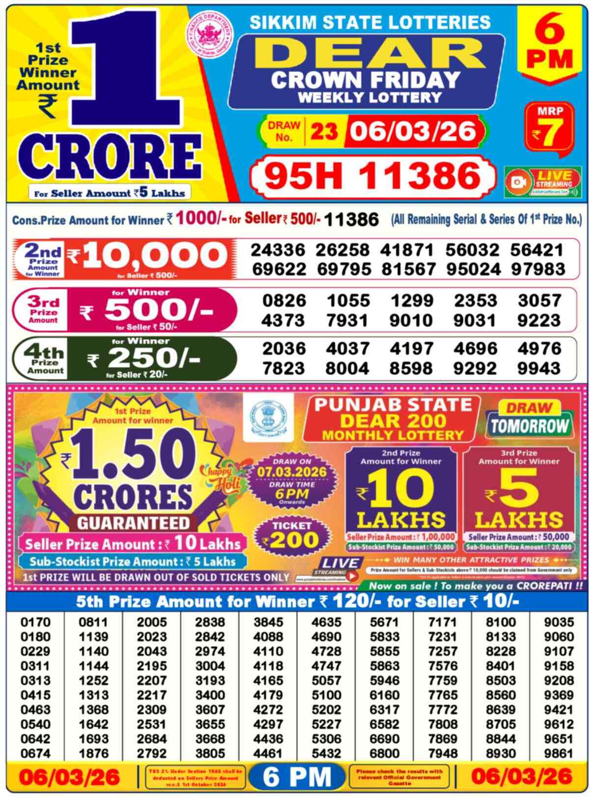 Dear Lottery Result Today 6 PM 07 March 2026