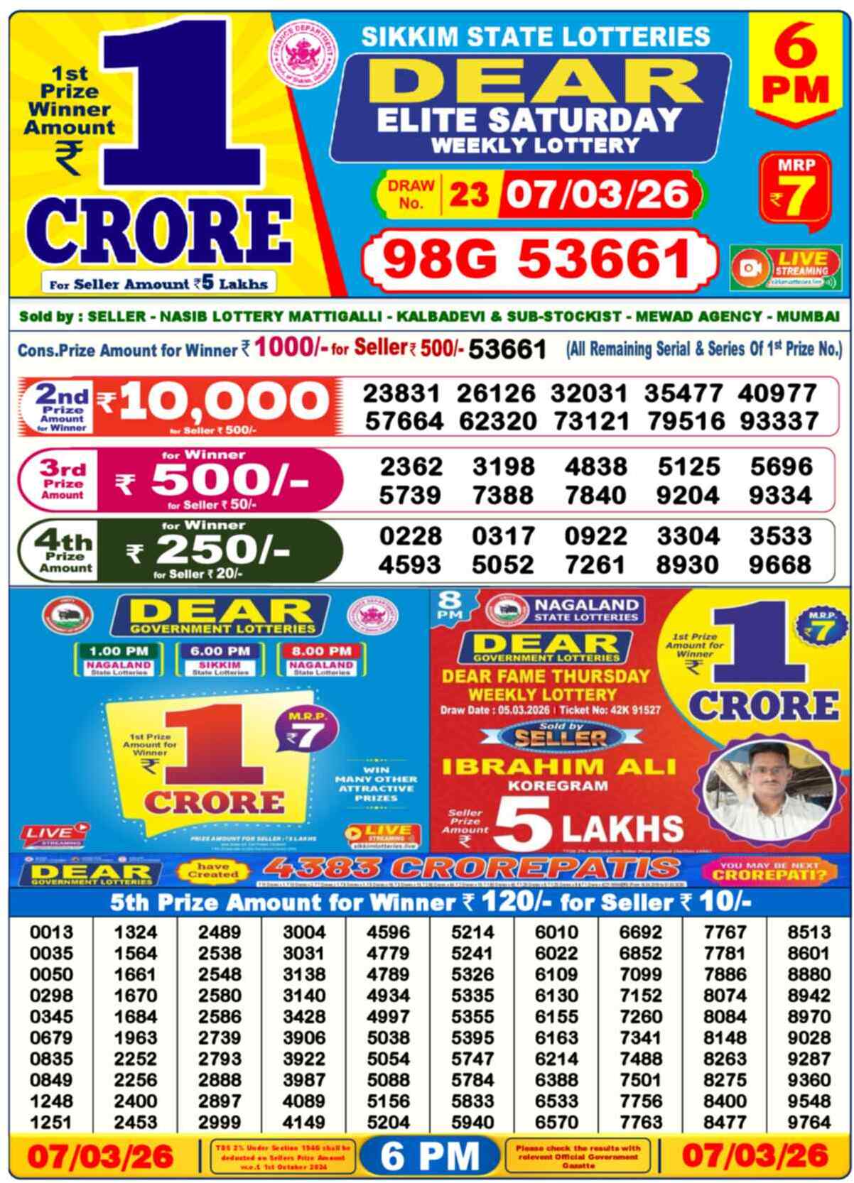 Dear Lottery Result Today 6 PM 08 March 2026