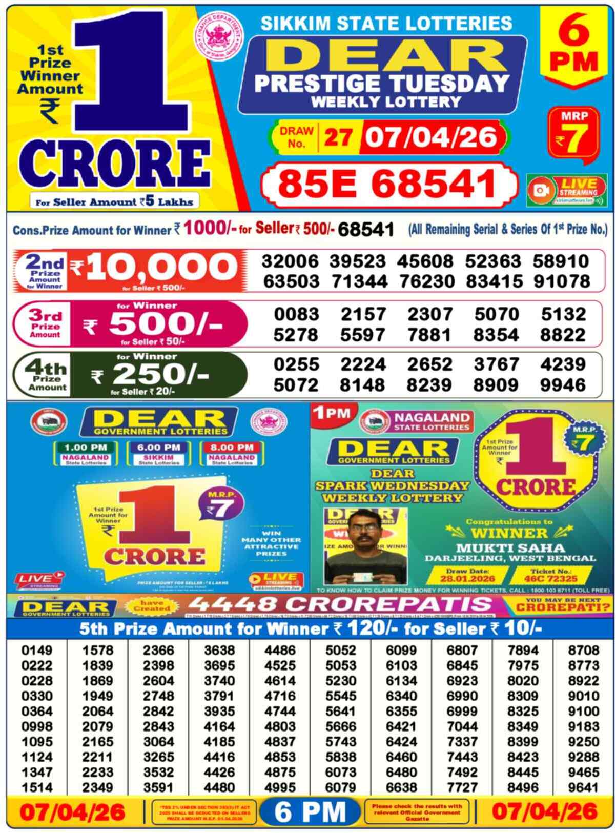 Dear Lottery Result Today 6 PM 08 April 2026