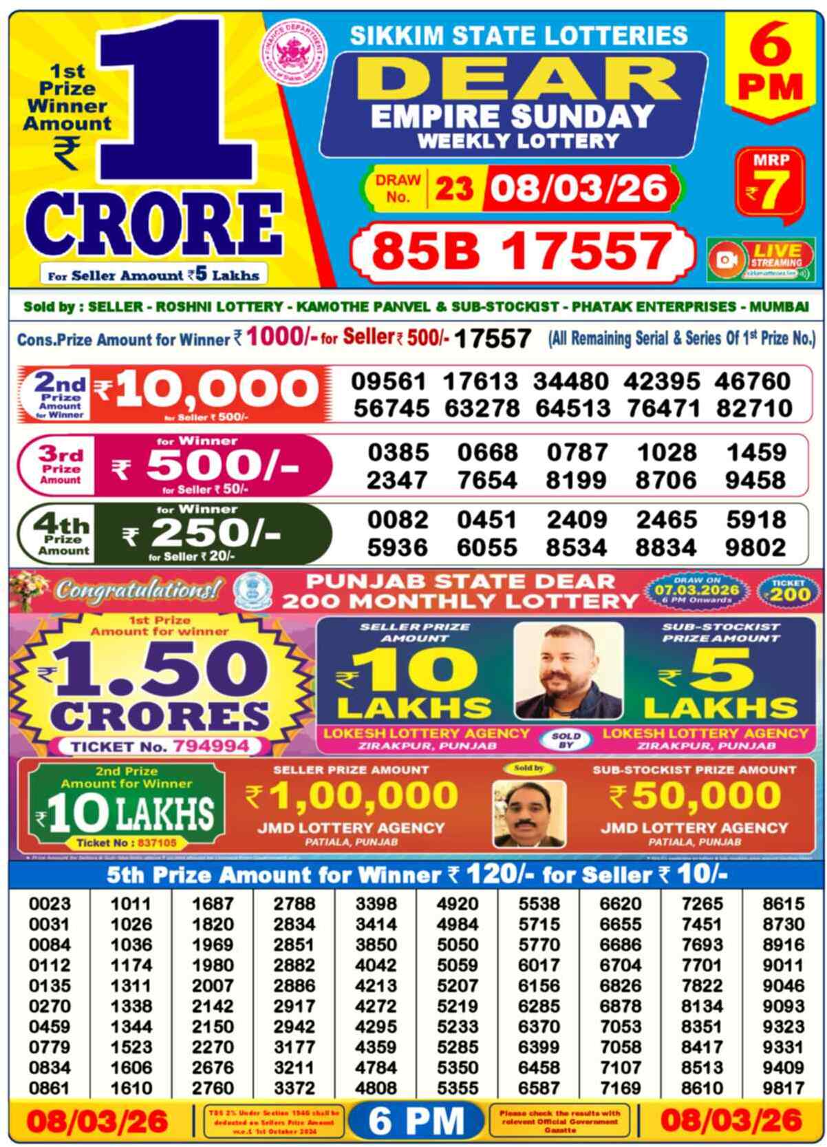 Lottery Sambad 08.03.26 Dear Lottery 6 PM March 08, 2026
