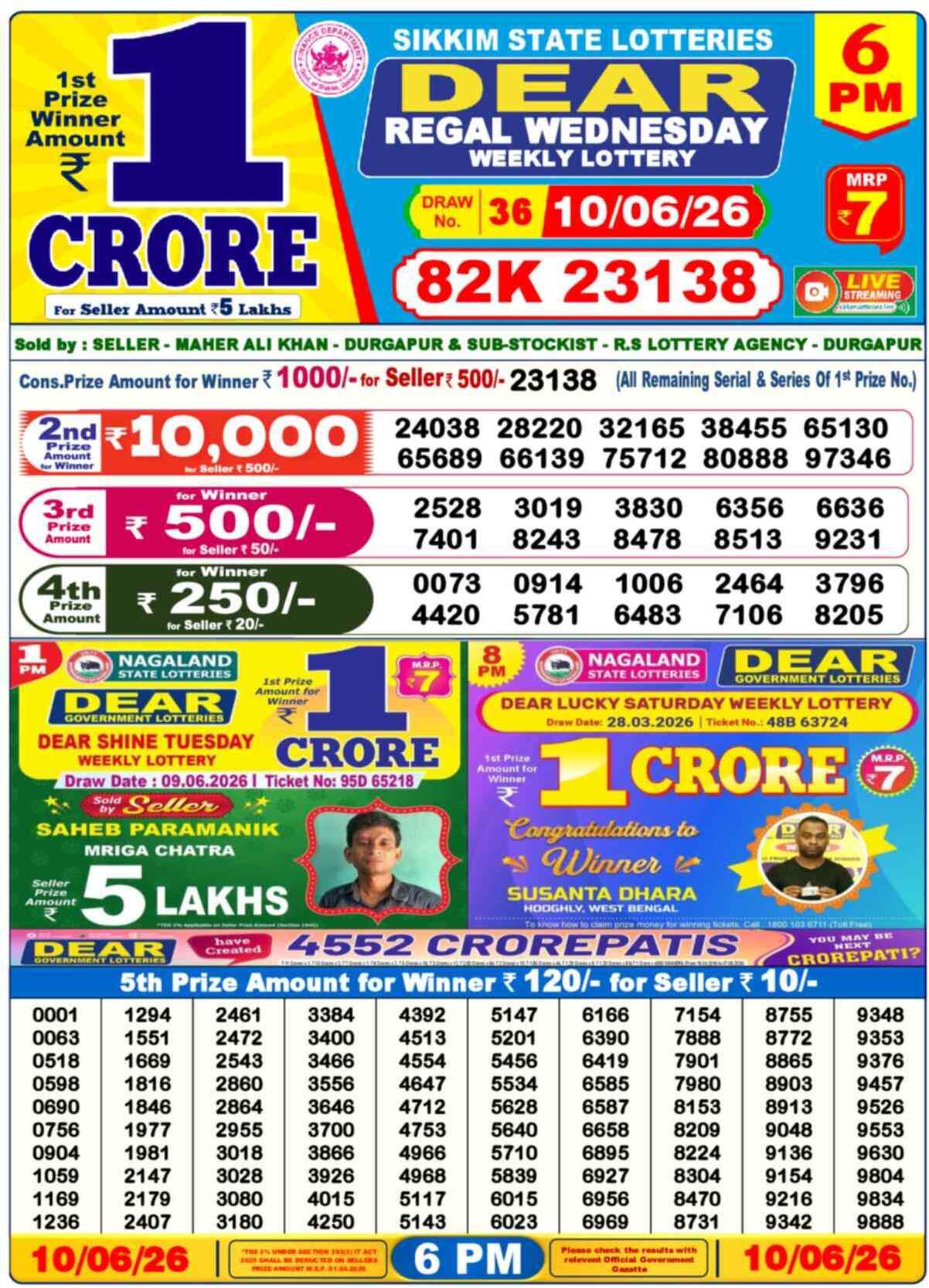 Lottery Sambad 10.06.26 Dear Lottery 6 PM June 10, 2026