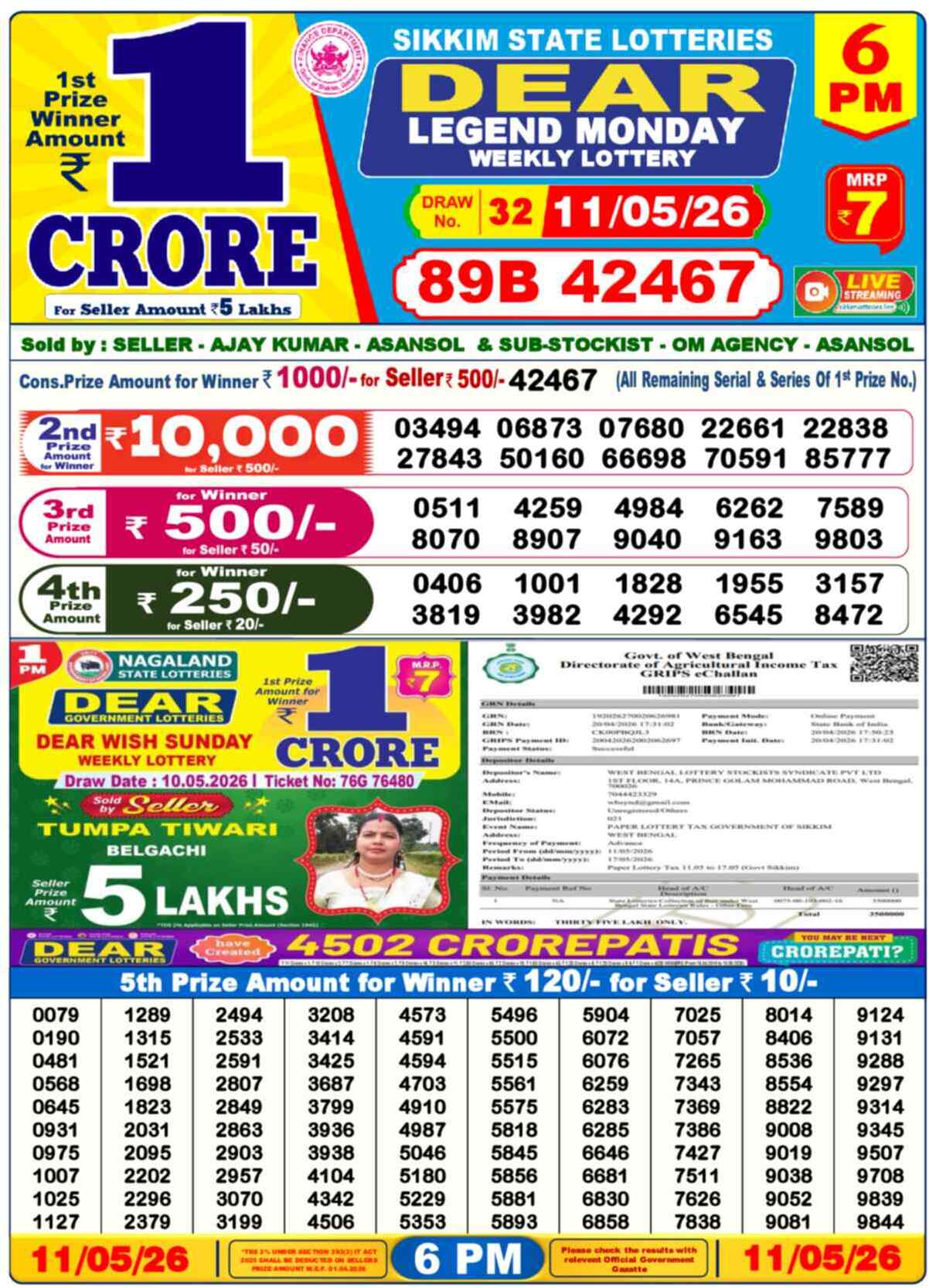 Lottery Sambad 11.05.26 Dear Lottery 6 PM May 11, 2026