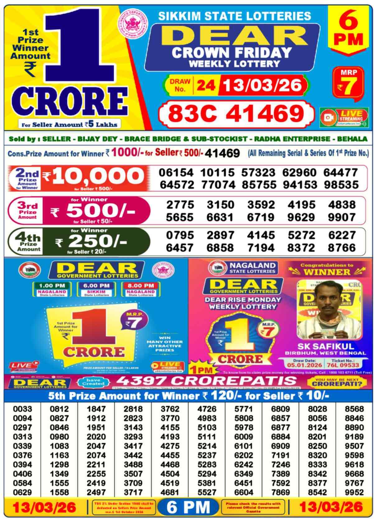 Dear Lottery Result Today 6 PM 13 March 2026