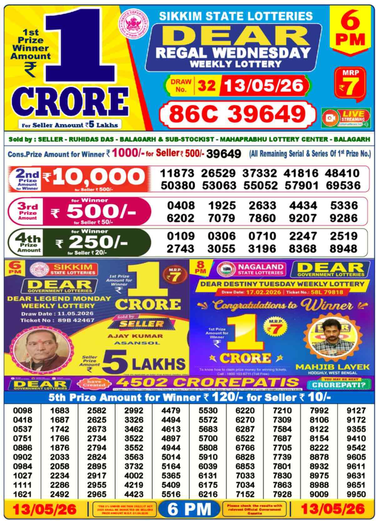 Dear Lottery Result 6:00 PM 2026-05-13