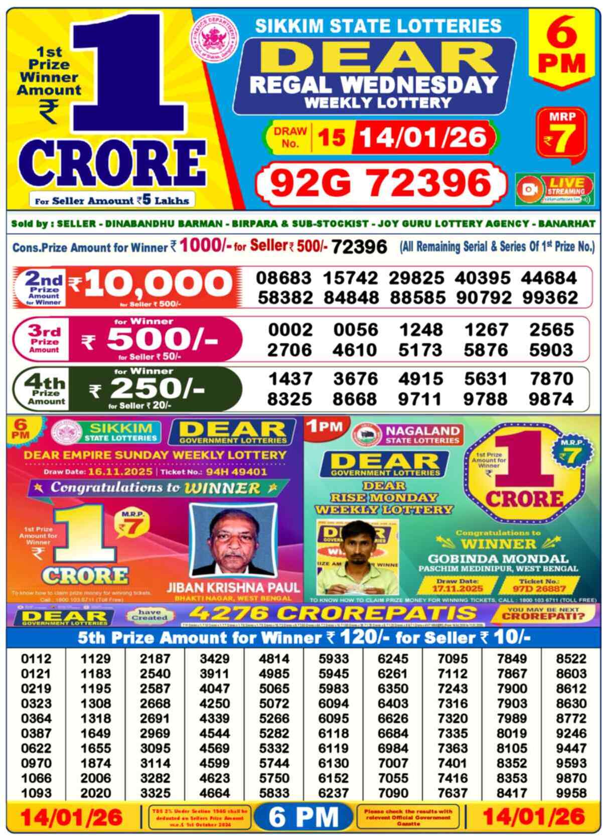 Lottery Sambad 14.01.26 Dear Lottery 6 PM January 14, 2026