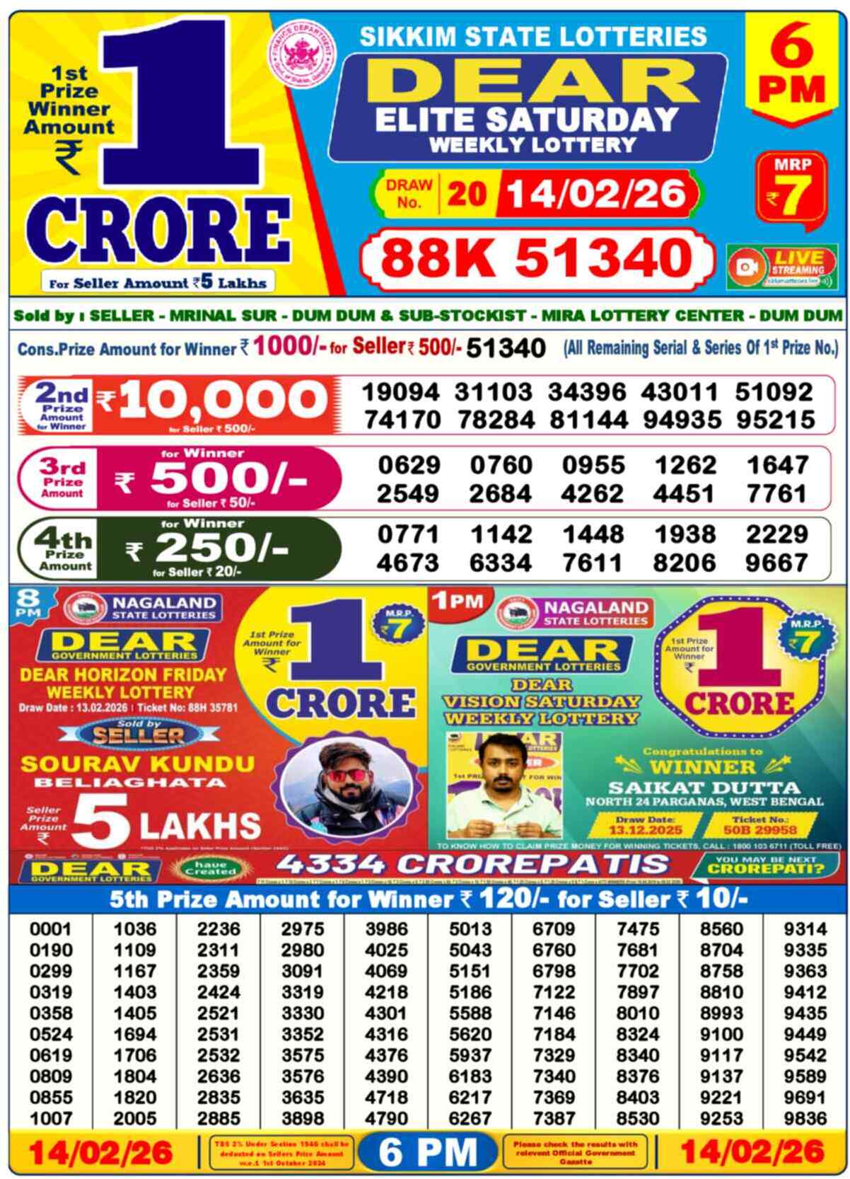 Dear Lottery Result Today 6 PM 15 February 2026