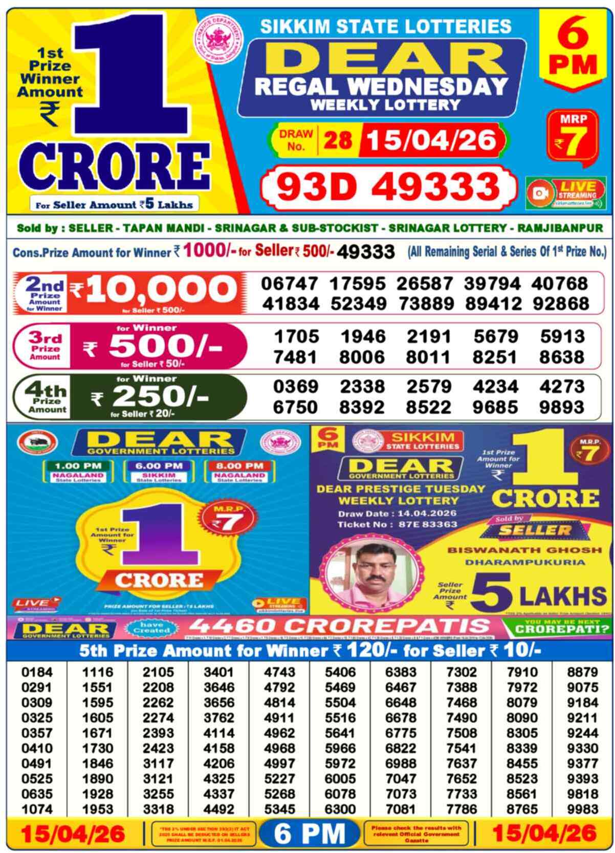 Dear Lottery Result Today 6 PM 16 April 2026