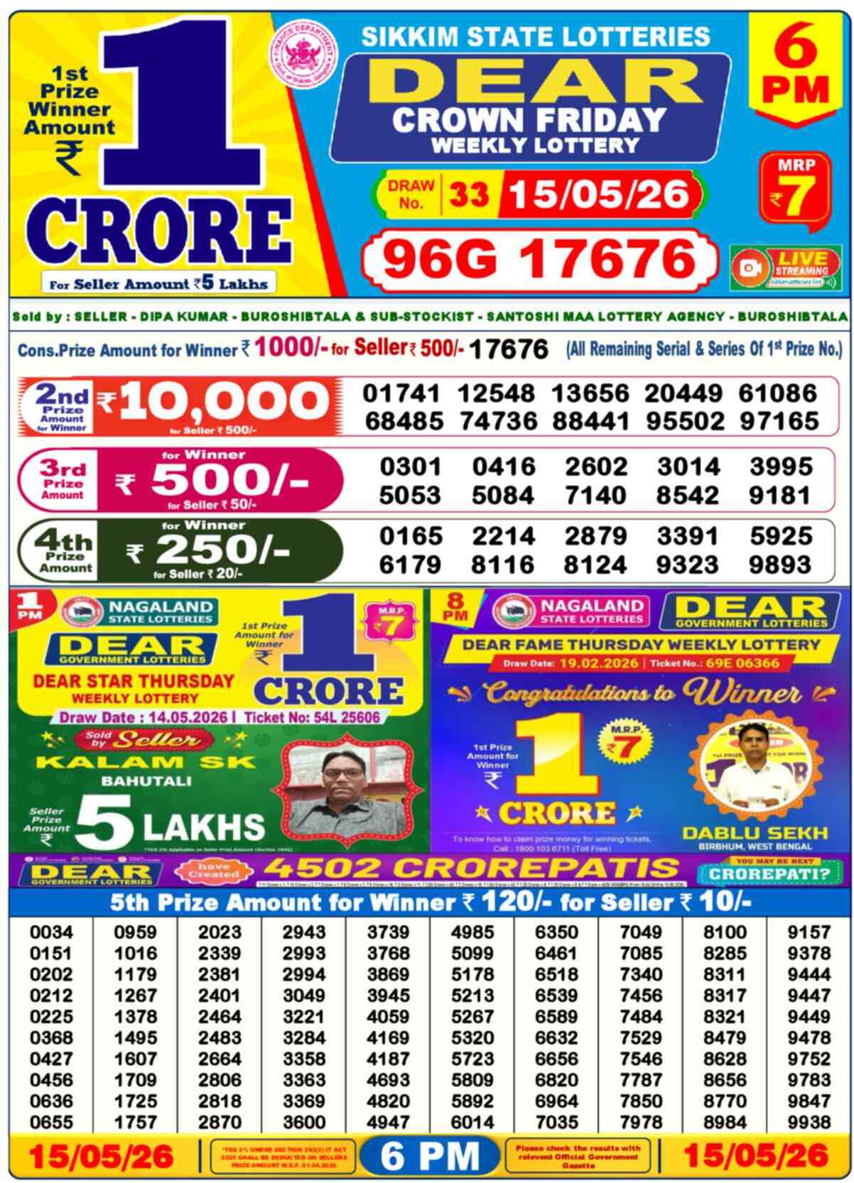 Lottery Sambad 15.05.26 Dear Lottery 6 PM May 15, 2026