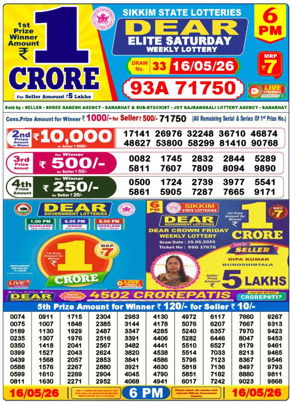 Dear Lottery Result 6:00 PM 2026-05-16