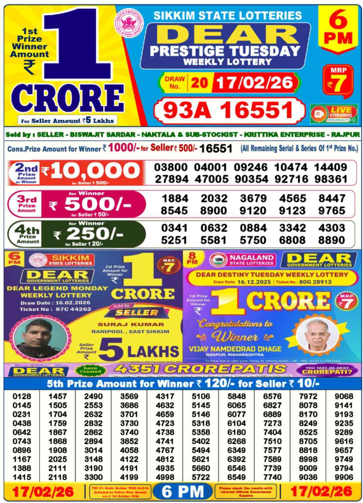 Dear Lottery Result Today 6 PM 18 February 2026